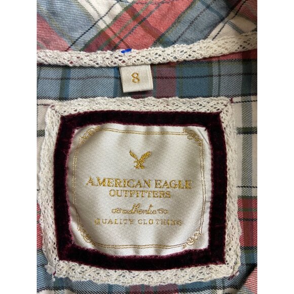 American Eagle Plaid Button Down Shirt Red Blue White Size 8l Western - Picture 4 of 8